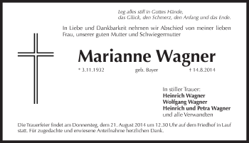 Traueranzeige von Marianne Wagner von Pegnitz-Zeitung